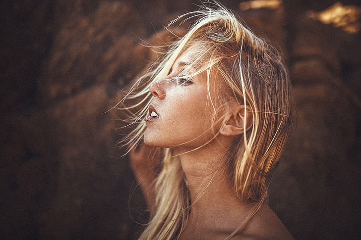 women, model, Lennart Bader, blonde, windy, hair in face, looking away