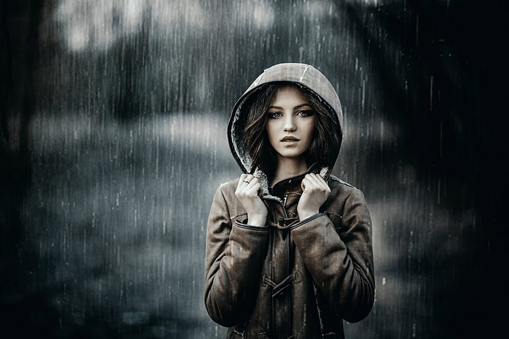 rain, brunette, hoods, Ksenia Malinina, jacket, model, women, HD wallpaper