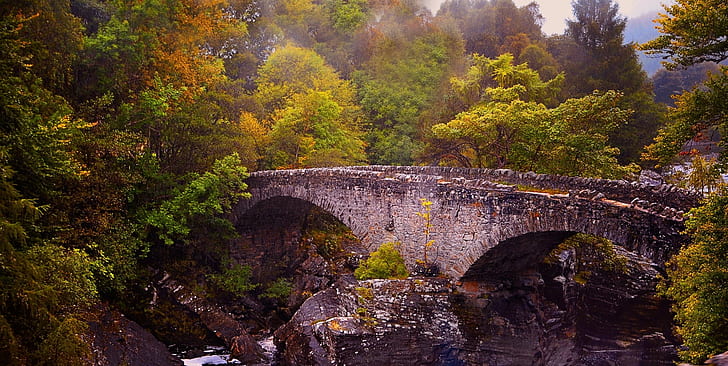nature, landscape, old, stone, bridge, trees, river, Scotland