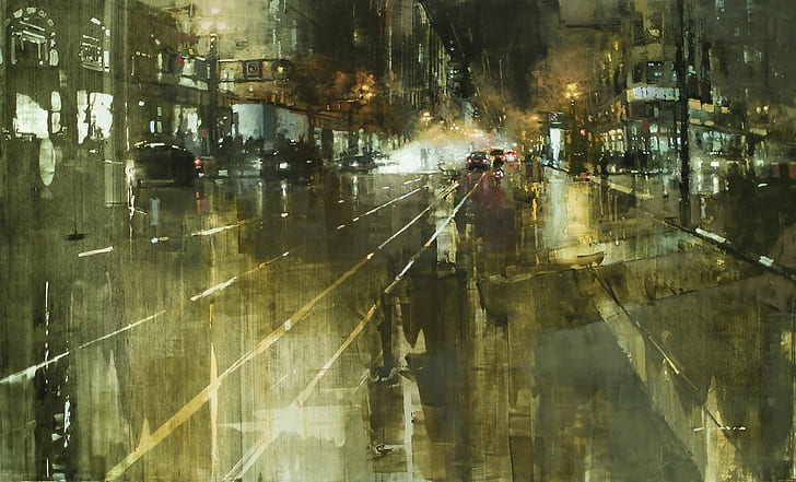 jeremy mann artwork street evening modern impressionism, reflection