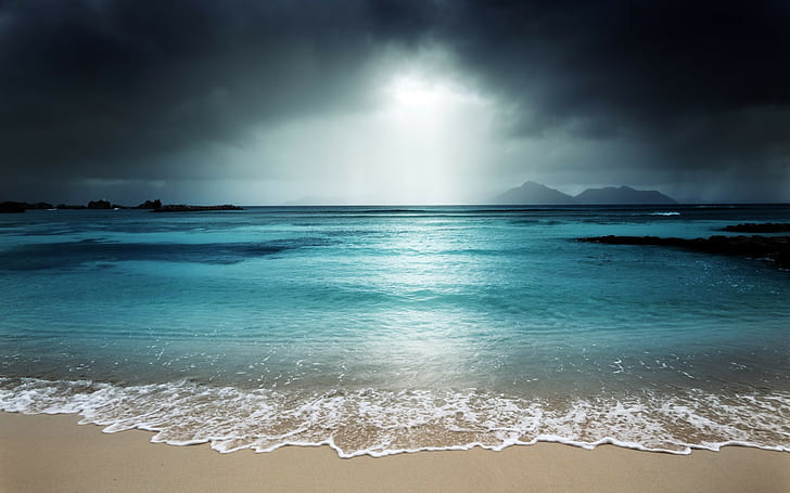 Amazing sunset beach, white and teal ocean, sea
