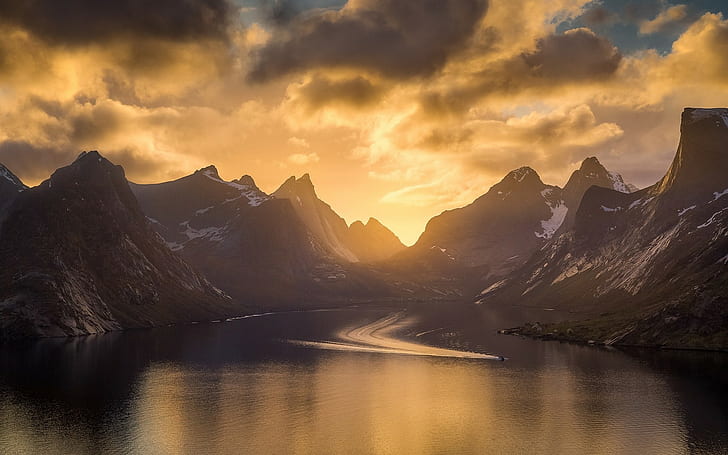 Nature, Landscape, Mountain, Sky, Fjord, Lake, Norway, Sunset, Island, Peak