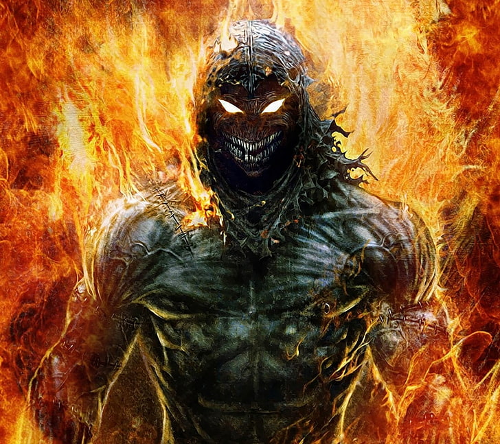 burning character illustration, fire, Disturbed, one person, front view
