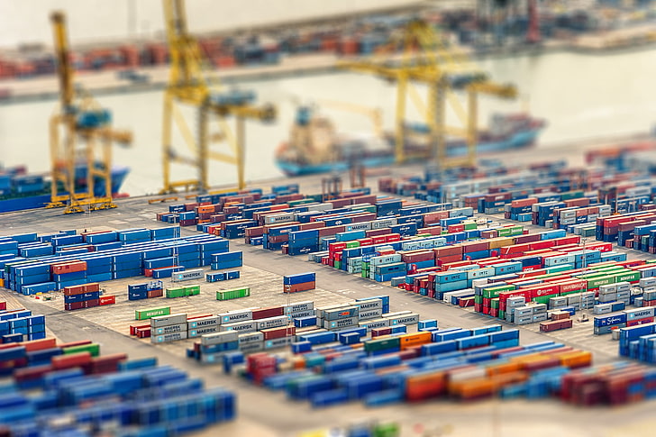 container, blurred, tilt shift, dock, Maersk, cranes (machine)