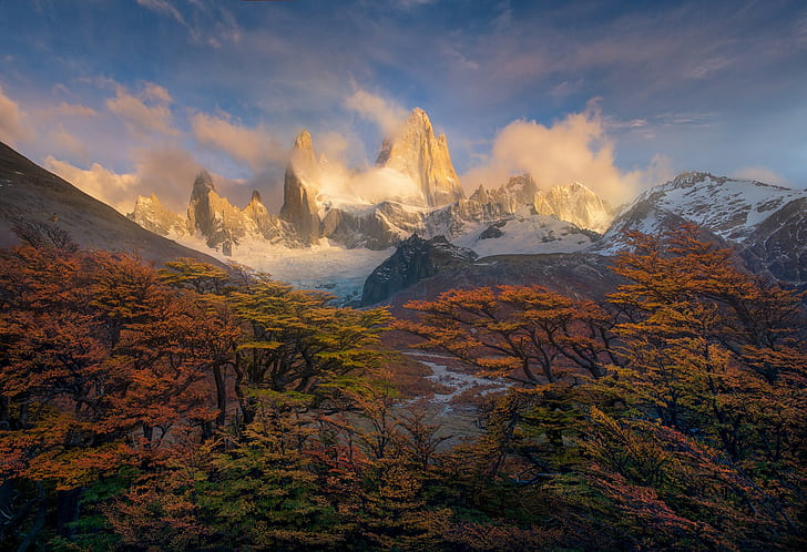 South America, Patagonia, autumn, morning, trees, mountains, paint, HD wallpaper
