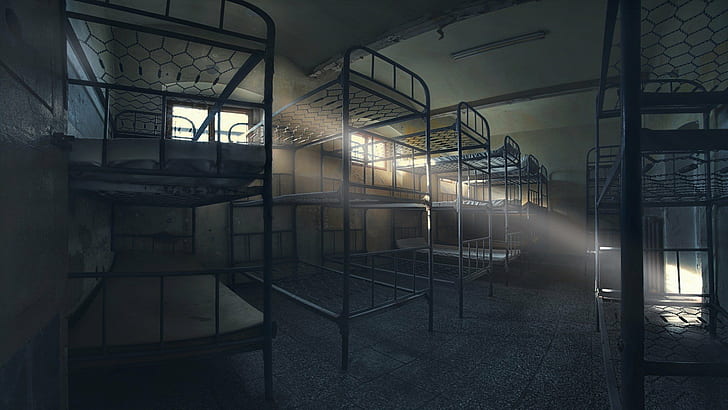 architecture interiors abandoned silent bunk bed sun rays bed empty mattresses dust, HD wallpaper