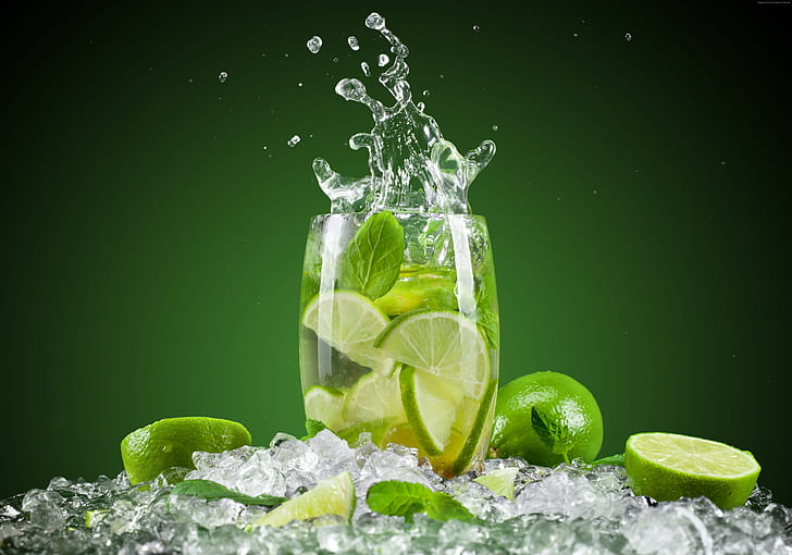 mint, water, cocktails, ice, lime