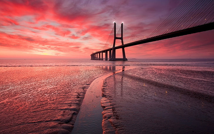 Bridges, Vasco da Gama Bridge, Horizon, Man Made, Ocean, Pink