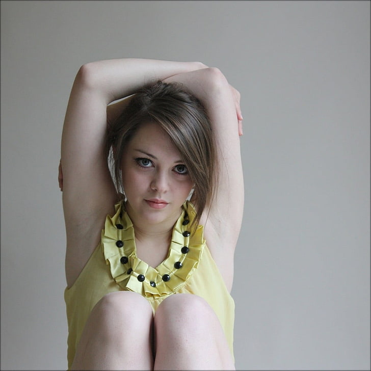 women's yellow sleeveless top, armpits, Imogen Dyer, arms up, HD wallpaper