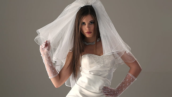 women's white sweetheart wedding gown, wedding dress, Markéta Stroblová, HD wallpaper