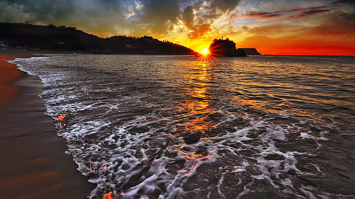 rippling body of water, landscape, beach, sea, sunset, sunlight, HD wallpaper