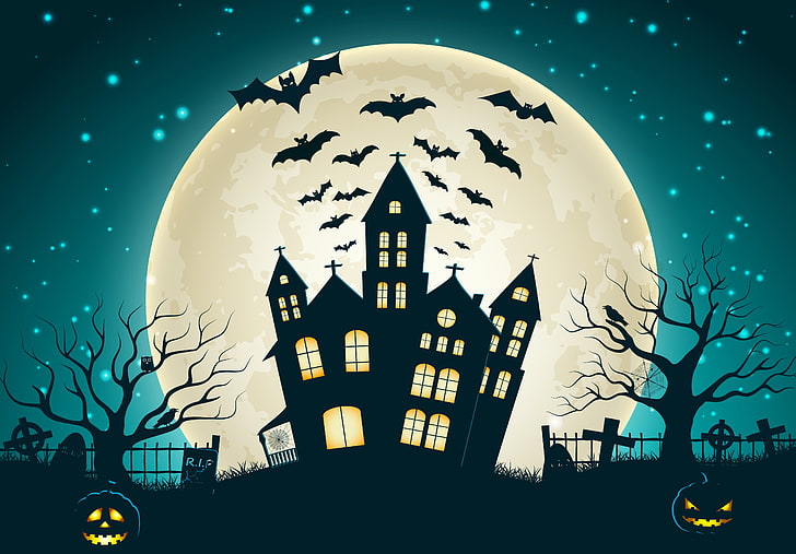 Halloween haunted house illustration, trees, castle, vector, cemetery