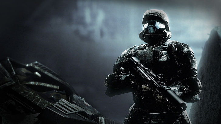 black gun illustration, Halo 3: ODST, video games, helmet, government, HD wallpaper
