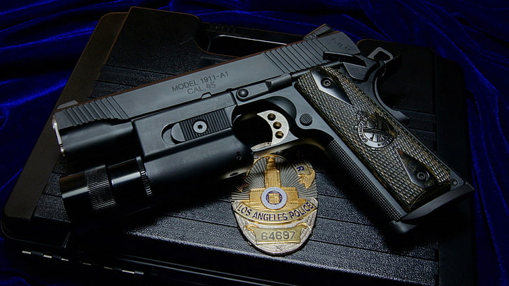 M1911, gun, weapon, police, CAL. 45, badge, HD wallpaper