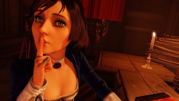 brown-haired woman in blue coat illustration, BioShock, blue eyes