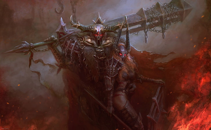 monster holding sword digital wallpaper, fantasy art, warrior HD wallpaper