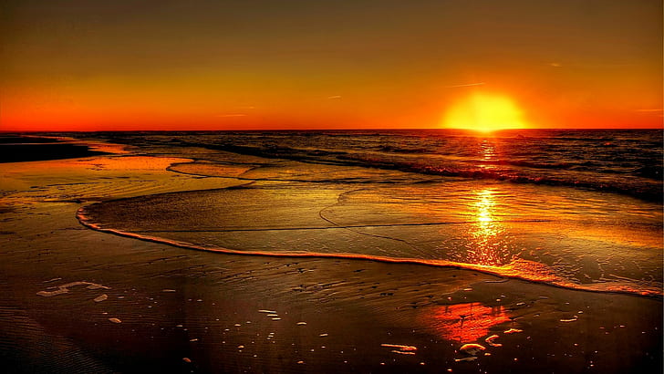 horizon, afterglow, sunset, orange sky, sea, shore, HD wallpaper