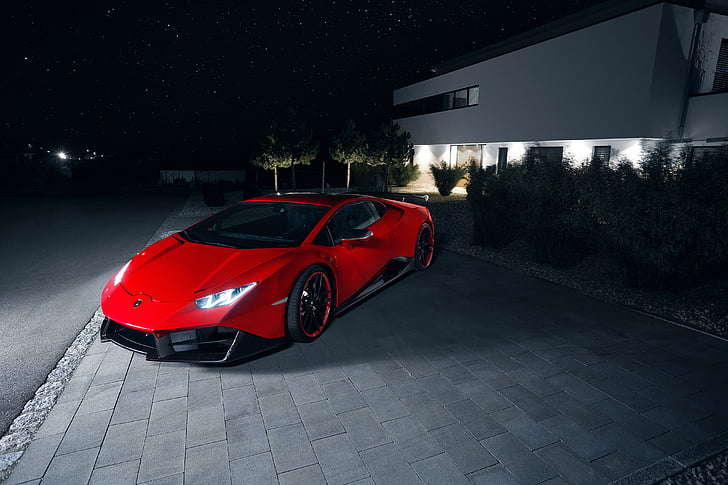 photo of red luxury car on gray pavement, Lamborghini Huracan RWD