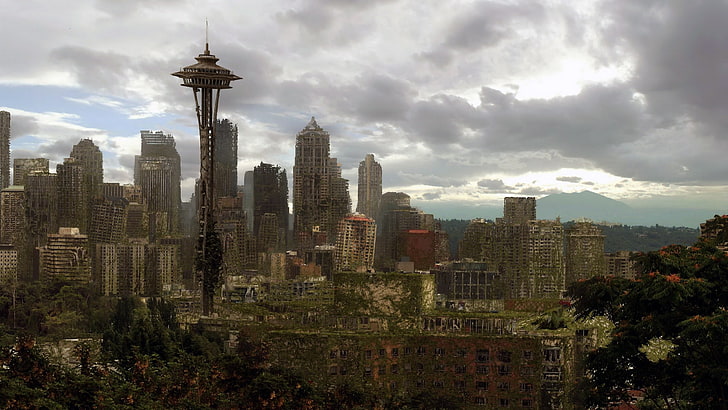 Space Needle, Seattle, apocalyptic, city, building, ruin, digital art, HD wallpaper