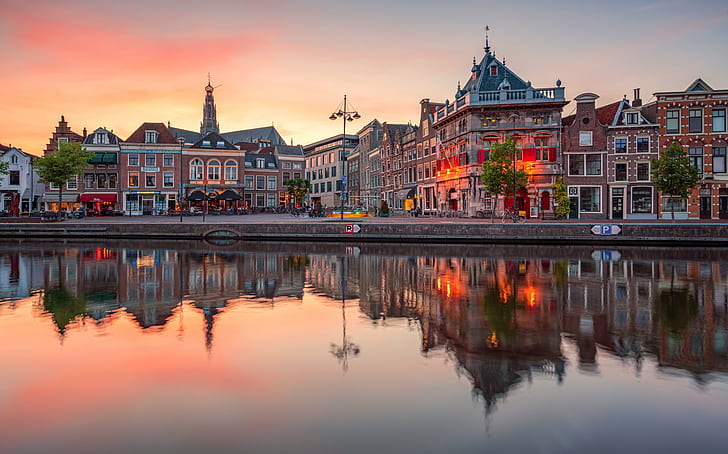 reflection, river, building, home, Netherlands, promenade, Haarlem, HD wallpaper