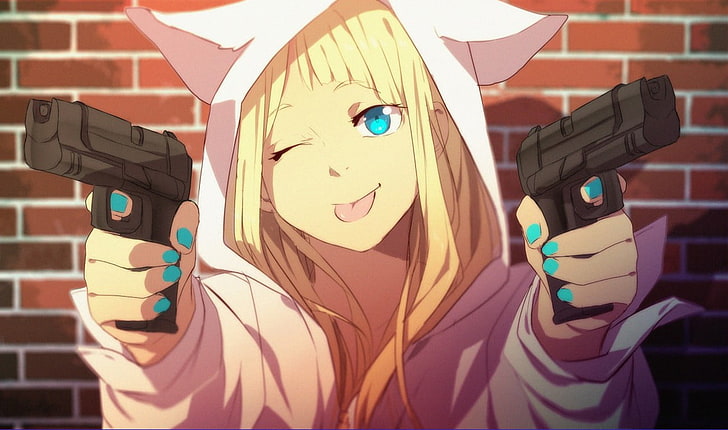 female holding two guns anime character, pistol, hoods, anime girls