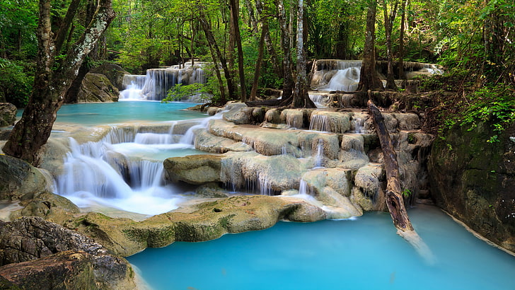 waterfalls, forest, trees, stream, stones, cascade, thresholds