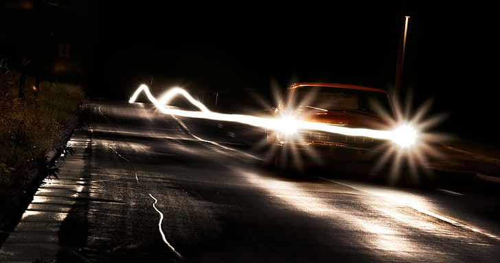 night, car, lights, road, light trails, brown, illuminated, HD wallpaper