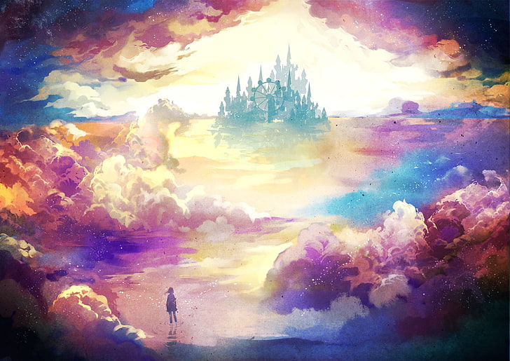 castle on clouds painting, artwork, fantasy art, digital art
