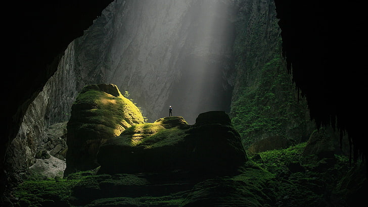 green mossy cave, nature, trees, men, rock, sunlight, rock - object, HD wallpaper