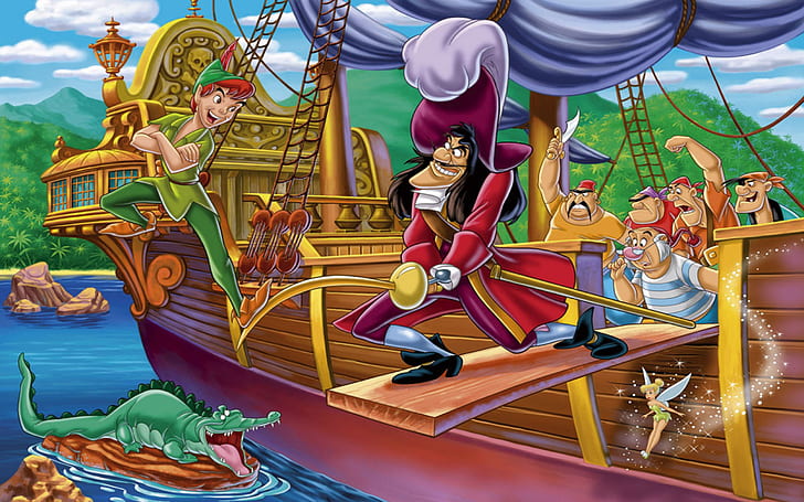 Peter Pan Tinker Bell Captain Hook Smee Tick Tock The Crocodile And Pirates Of Captain Hook Disney Cartoon Desktop Hd Wallpaper 2560×1600