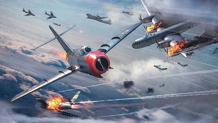 The sky, The plane, Fire, War, Fighter, USA, Flame, Superfortress, HD wallpaper