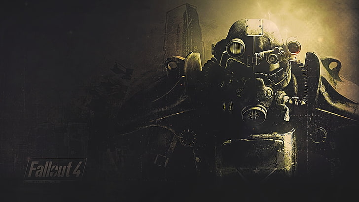Fallout 4 game cover, fan art, power armor, mask, people, indoors