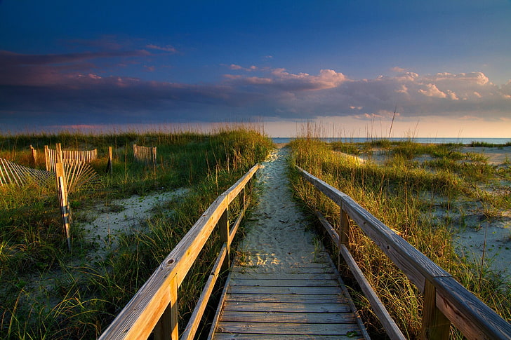 born wooden bridge, walkway, beach, clouds, grass, sand, sea