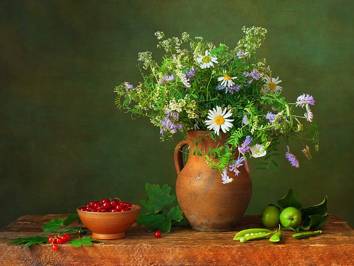 Still life, berries, peas, apples, flowers, HD wallpaper