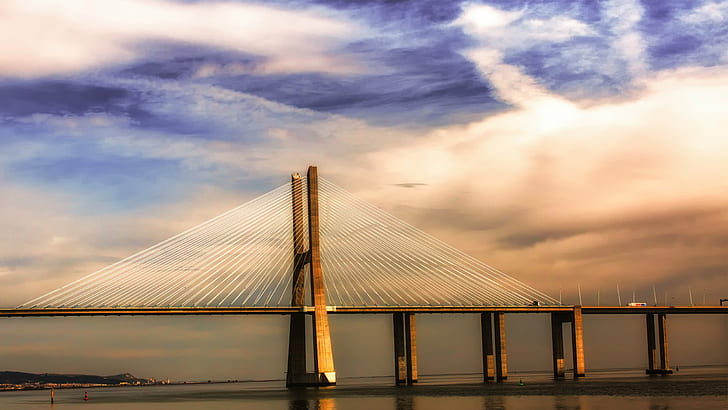 Portugal Lisbon river Tagus, bridge, sunset, HD wallpaper