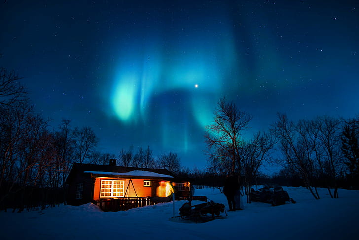 aurora borealis, blue, cabin, cold, lights, night, northern lights, HD wallpaper