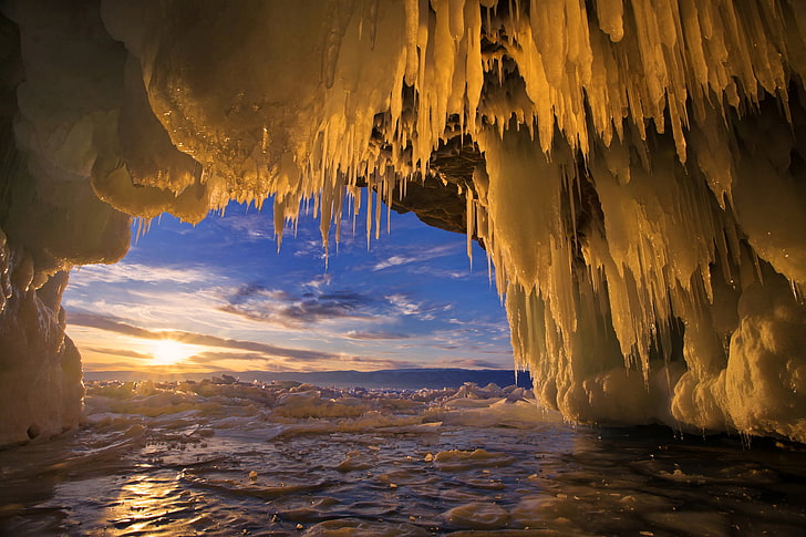 snow stalactites, ice, sunset, lake, icicles, Baikal, Russia, HD wallpaper