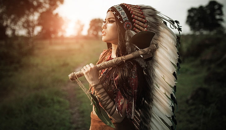 Women, Native American, Axe, Depth Of Field, Feather, Girl