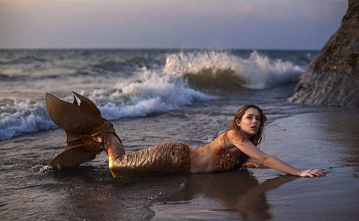 photo of mermaid on seashore, fantasy art, mermaids, women outdoors