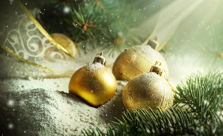 Happy New Year, three gold-colored baubles, Holidays, Magic, happy new year!, HD wallpaper