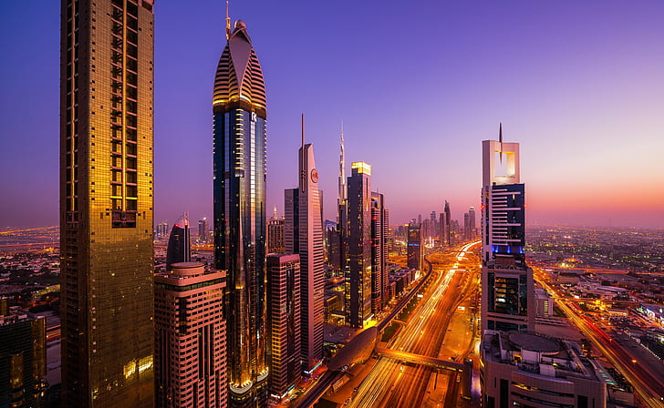 Sheikh Zayed motorway, Dubai, aerial photo of cityscape skyline, HD wallpaper