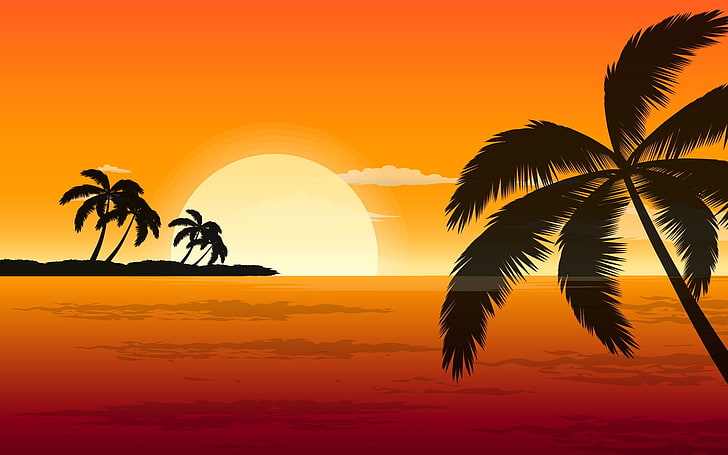 abstracto, mar, palmeras, playa, sol, vector, sky, sunset, tropical climate, HD wallpaper