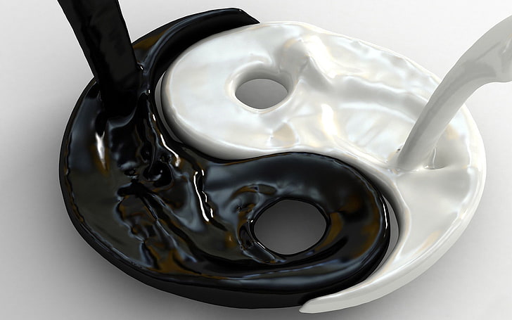 black and white ceramic YinYang plate, Yin and Yang, liquid, abstract, HD wallpaper