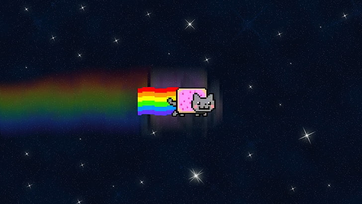 gray cat illustration, Nyan Cat, night, illuminated, multi colored, HD wallpaper