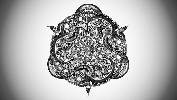 circle, symmetry, drawing, M. C. Escher, abstract, snake, artwork, HD wallpaper
