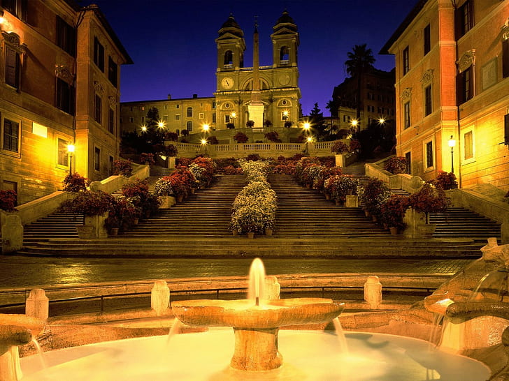 Italy, Rome, church, stairs, fountain, evening, lights, street light, HD wallpaper