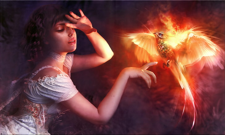 women's white dress, lights, bird, girl, Phoenix, the Firebird
