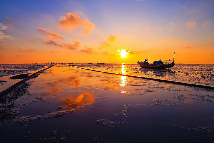 boat, changhua, china, clouds, ocean, reflection, sea, sunset, HD wallpaper