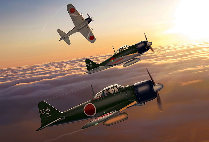 Japan, art, Mitsubishi, fighter-interceptor, WW2, A6M5 Zero, HD wallpaper