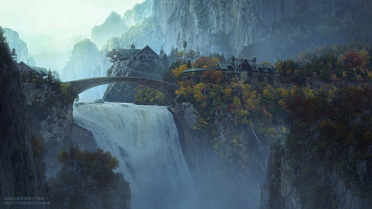 waterfall movies the lord of the rings rivendell, tree, built structure, HD wallpaper